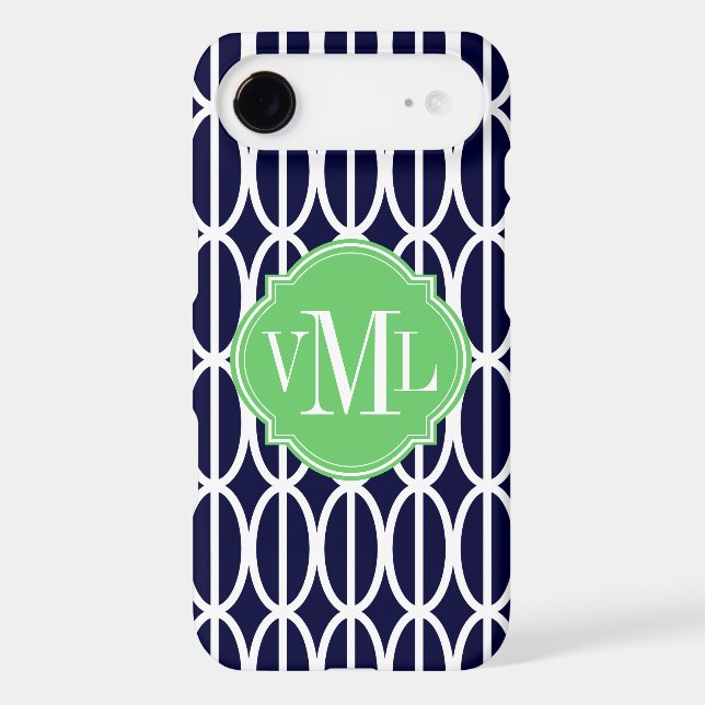 Modern Geometric Navy Blue White Pattern Monogram Case-Mate iPhone Case (Back)