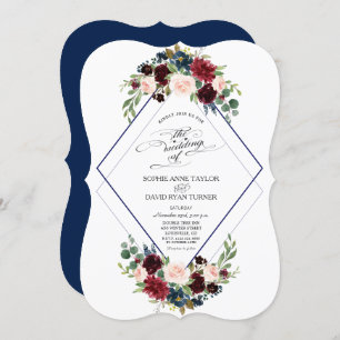 Modern Geometric Navy Burgundy Floral Wedding Invitation
