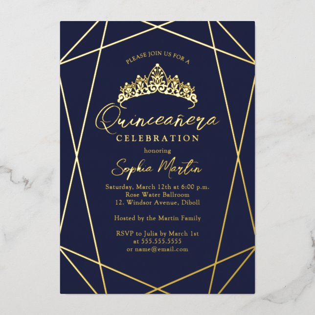 Modern Geometric Navy Gold Quinceanera Foil Invitation (Front)