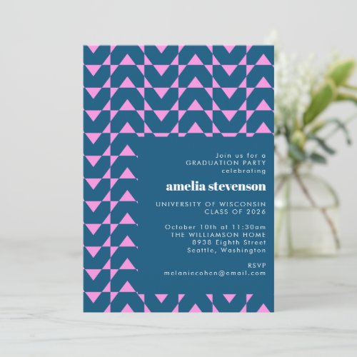 Modern Geometric Navy Pink Graduation Party Photo Invitation