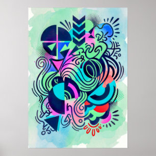 Modern Geometric Neon Watercolor Abstract Art Poster