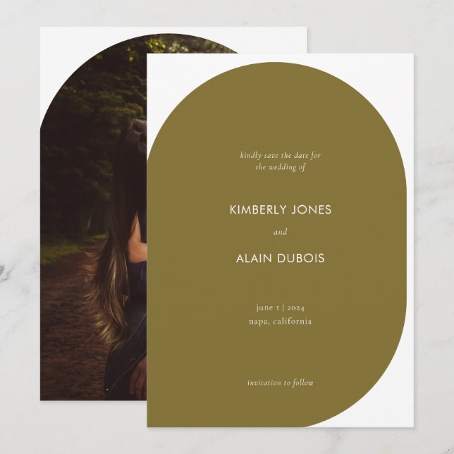 Modern Geometric Olive Green Photo Wedding Save The Date (Front/Back)