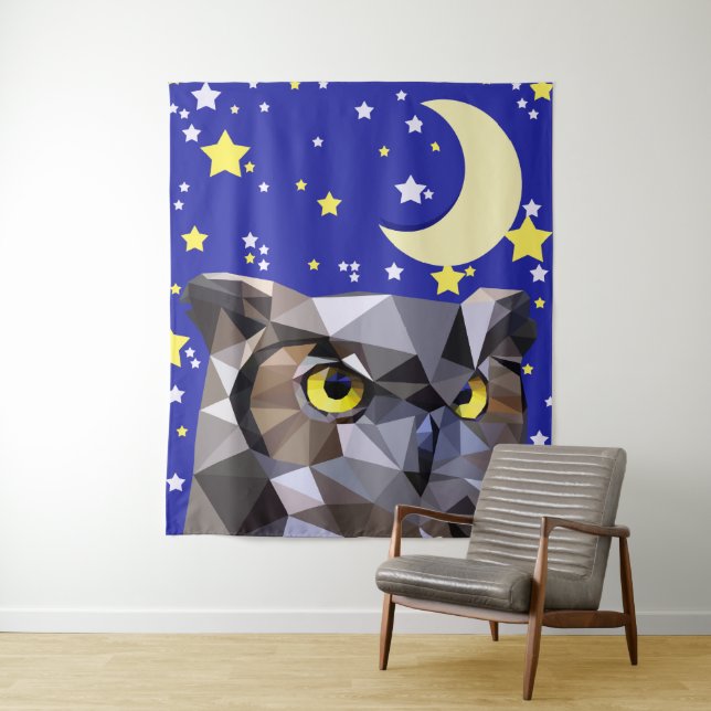 Modern Geometric Owl & Night Sky Tapestry (In Situ)