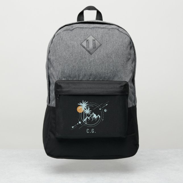 Modern Geometric Palm Tree Mountain Monogram Port Authority® Backpack (Front)