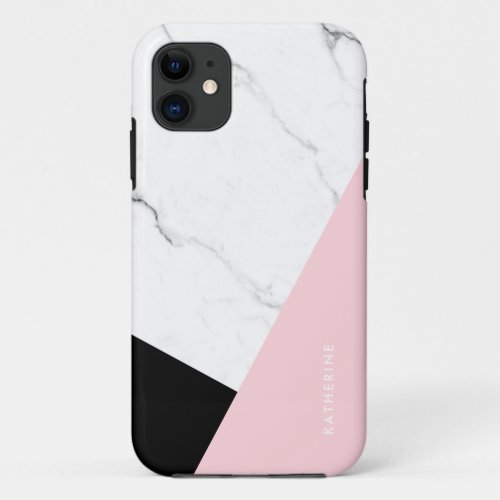 Modern geometric pastel pink black white marble iPhone 11 case