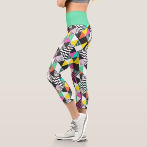 Modern Geometric Patchwork Abstract Triangles Capri Leggings