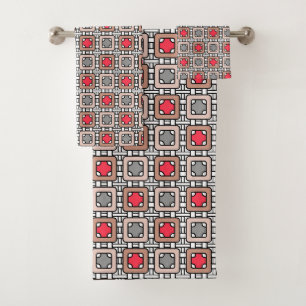 modern geometric pattern art deco gray red, beige bath towel set
