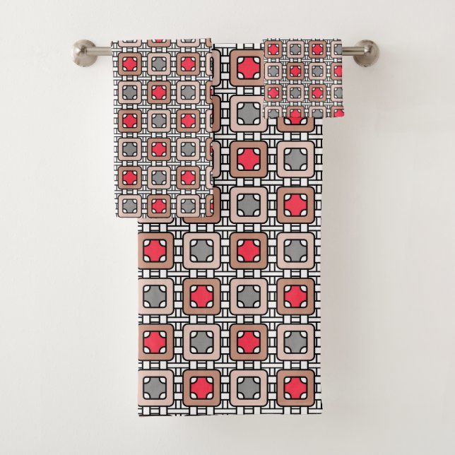 modern geometric pattern art deco gray red, beige  bath towel set (Insitu)