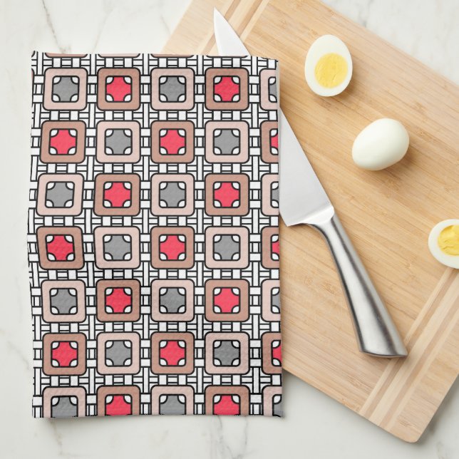 modern geometric pattern art deco gray red, beige  kitchen towel (Quarter Fold)
