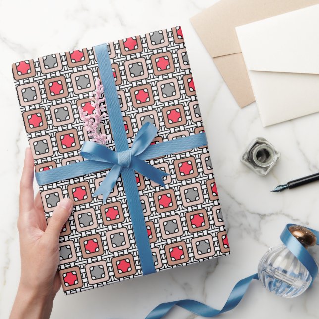 modern geometric pattern art deco gray red, beige  wrapping paper (Gifting)