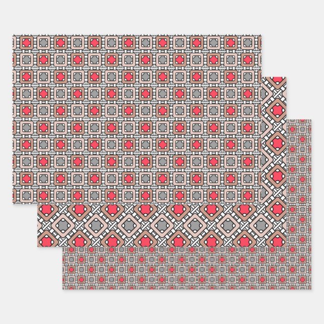 modern geometric pattern art deco gray red, beige  wrapping paper sheets (Set)