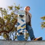 Modern Geometric Pattern Blue Gold Custom Name Skateboard<br><div class="desc">Modern Geometric Pattern Blue Gold Custom Name Skateboard features your personalized name in modern blue typography on a blue, gold and white geometric pattern background in orange and blue. Personalize by editing the text in the text box provided. Give a custom made gift, personalized skateboard to your favorite skateboarder for...</div>