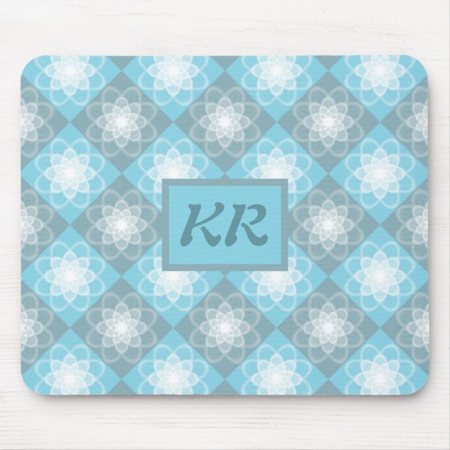 Modern Geometric Pattern Blue & Gray Monogram Mouse Pad (Front)