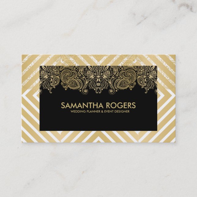 Modern Geometric Pattern & Lace Black & Gold Business Card (Front)