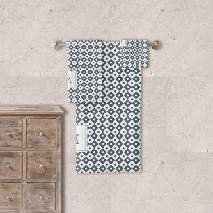 Modern Geometric Pattern Monogrammed Slate Blue Bath Towel Set