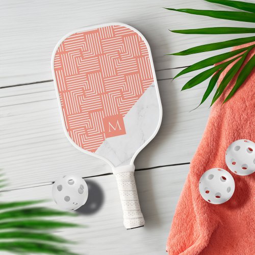 Modern Geometric Pattern White Marble Monogrm Pickleball Paddle