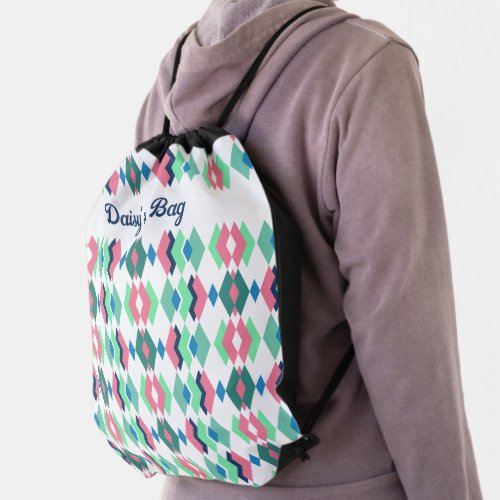 Modern geometric pattern with name drawstring bag