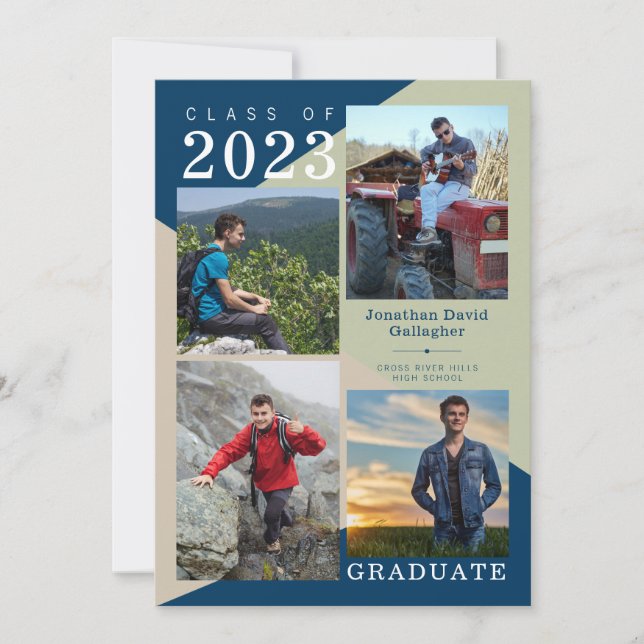 Modern Geometric Photo Blue Green Beige Graduation Announcement (Front)
