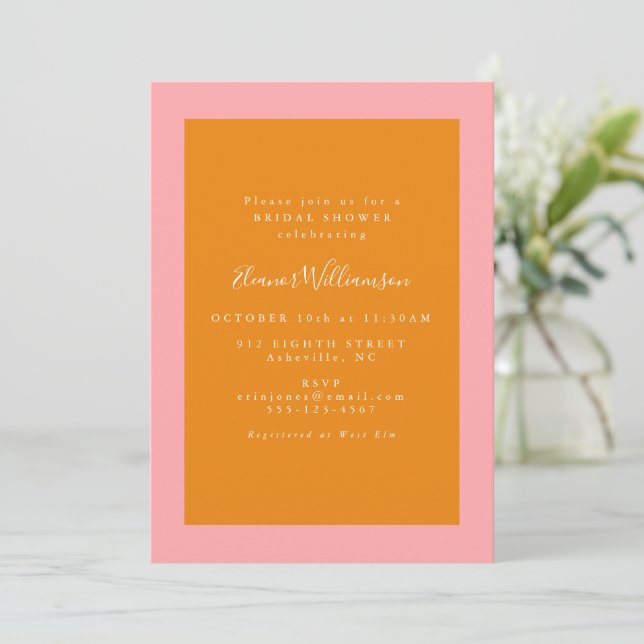 Modern Geometric Pink and Orange Bridal Shower Invitation (Standing Front)