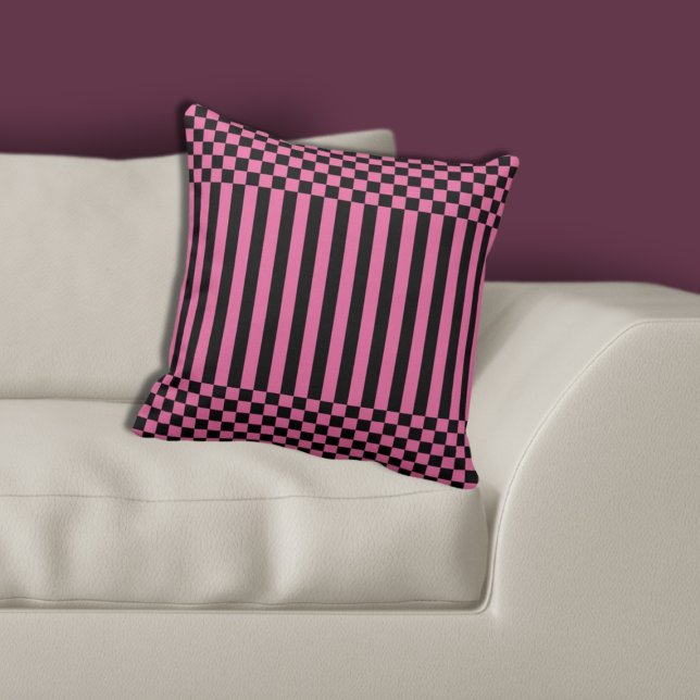 Modern Geometric Pink & Black Stripes & Checker Throw Pillow (Modern Geometric Pink & Black Stripes & Checker Throw Pillow Living Room)