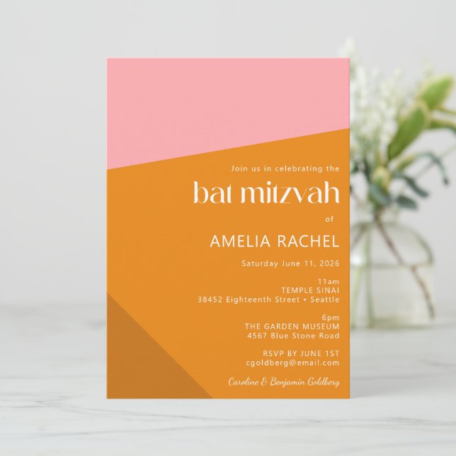 Modern Geometric Pink Burnt Orange Bat Mitzvah Invitation (Standing Front)