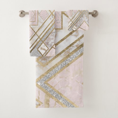 Modern Geometric Pink Gold Silver Glitter Marble Bath Towel Set