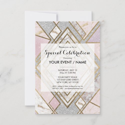Modern Geometric Pink Gold Silver Glitter Marble Invitation
