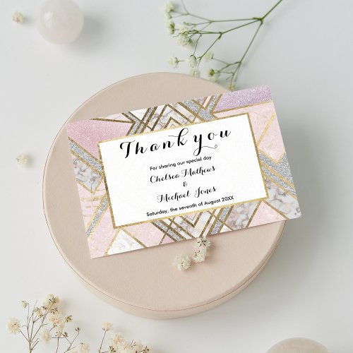 Modern Geometric Pink Gold Silver Glitter Marble Thank You Card