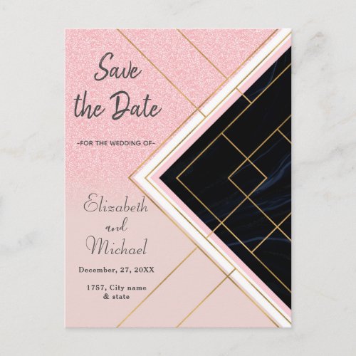 Modern Geometric Pink Gold Strokes Design Announcement Postcard