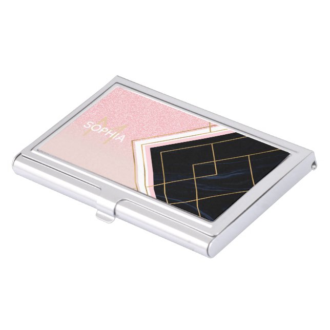 Modern Geometric Pink Gold Strokes Design Business Card Case (Front)