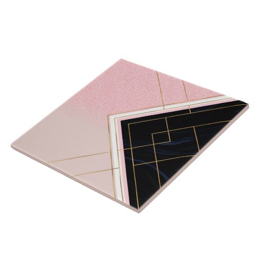 Modern Geometric Pink Gold Strokes Design Ceramic Tile