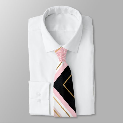 Modern Geometric Pink Gold Strokes Design Neck Tie