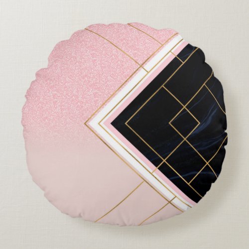 Modern Geometric Pink Gold Strokes Design Round Pillow