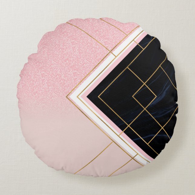 Modern Geometric Pink Gold Strokes Design Round Pillow (Front)