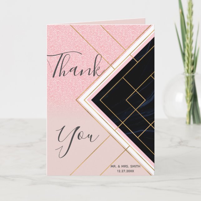 Modern Geometric Pink Gold Strokes Design Thank You Card (Front)