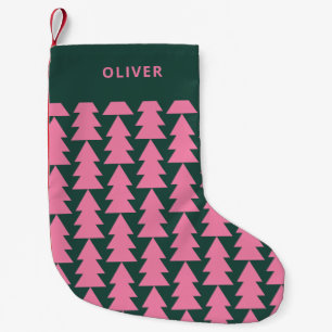Modern geometric pink green Christmas tree graphic Small Christmas Stocking