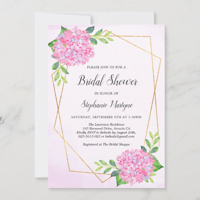 Modern Geometric Pink Hydrangea Bridal Shower Invitation (Front)