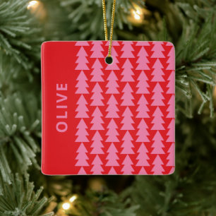 Modern geometric pink red Christmas tree graphic Ceramic Ornament
