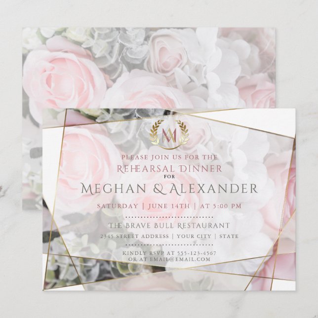 Modern Geometric Pink Roses Rehearsal Dinner Invitation (Front/Back)