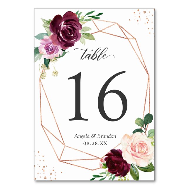 Modern Geometric Plum Purple Blush Floral Wedding Table Number (Front)