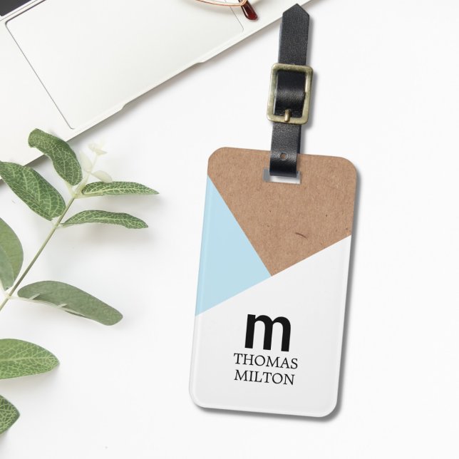 Modern Geometric Printed Kraft White Blue Luggage Tag (Creator Uploaded)
