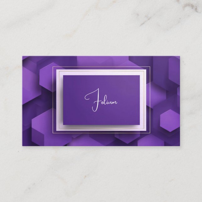 Modern Geometric Purple 3D Hexagon Gold Frame Business Card (Front)