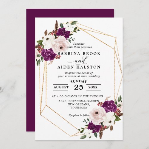 Modern Geometric Purple Blush Pink Floral Wedding Invitation