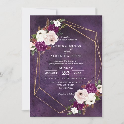 Modern Geometric Purple Blush Pink Floral Wedding Invitation