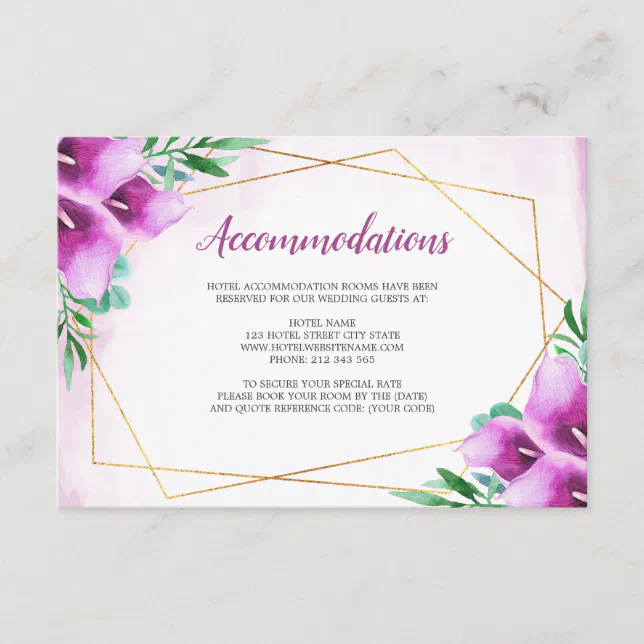 Modern Geometric Purple Calla Lily Accommodations Enclosure Card | Zazzle