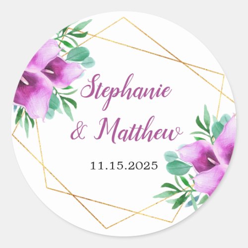 Modern Geometric Purple Calla Lily Wedding Classic Round Sticker