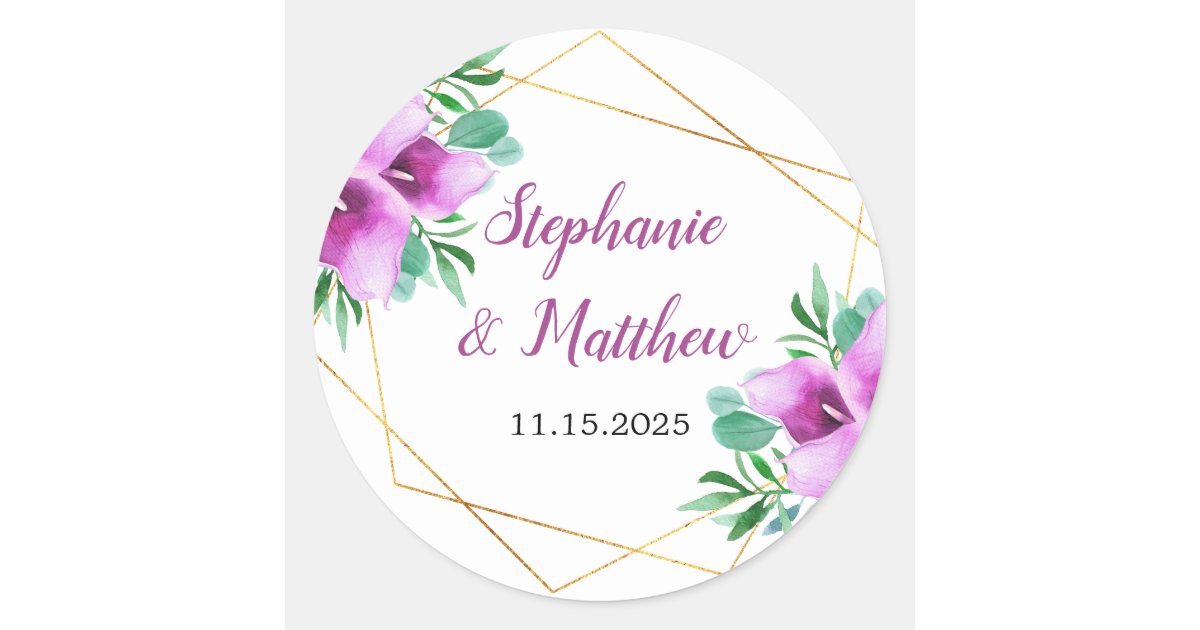 Modern Geometric Purple Calla Lily Wedding Classic Round Sticker | Zazzle