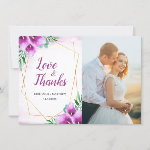 Modern Geometric Purple Calla Lily Wedding Photo Thank You Card