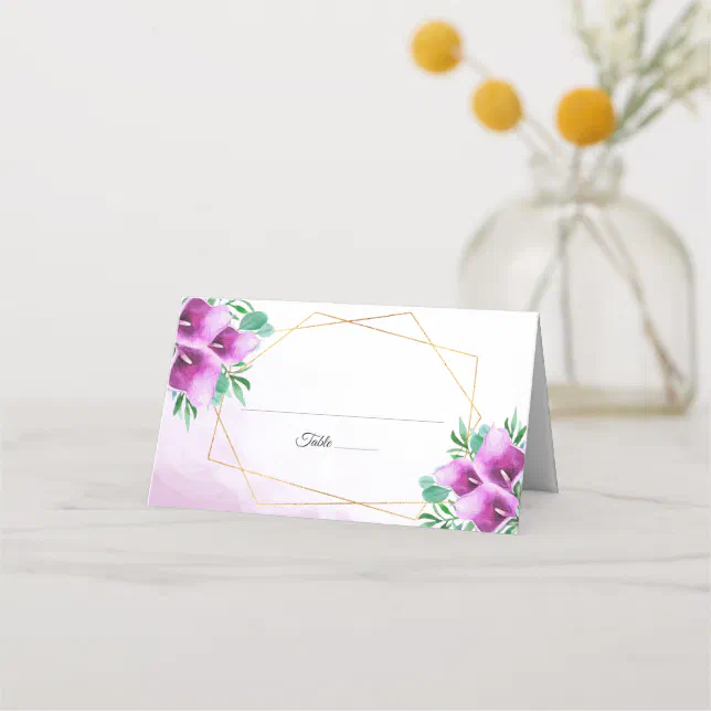 Modern Geometric Purple Calla Lily Wedding Place Card | Zazzle