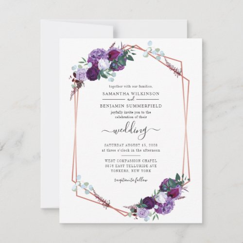 Modern Geometric Purple Floral Greenery Wedding Invitation